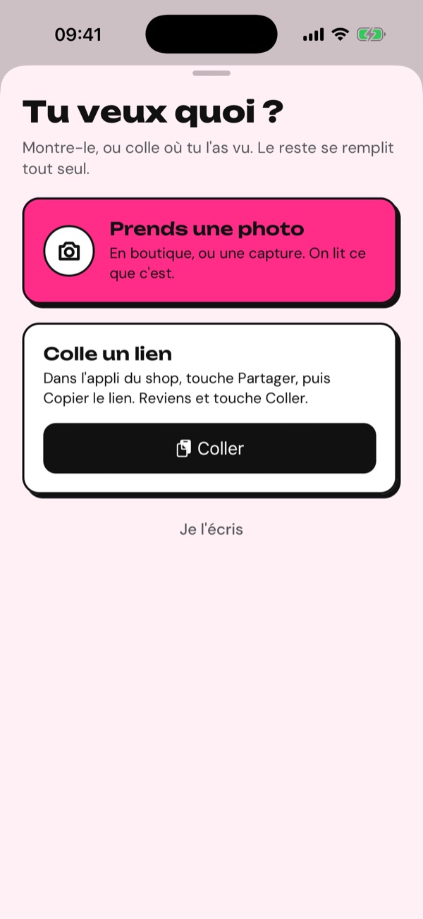 Écran d'ajout : prends une photo ou colle un lien.