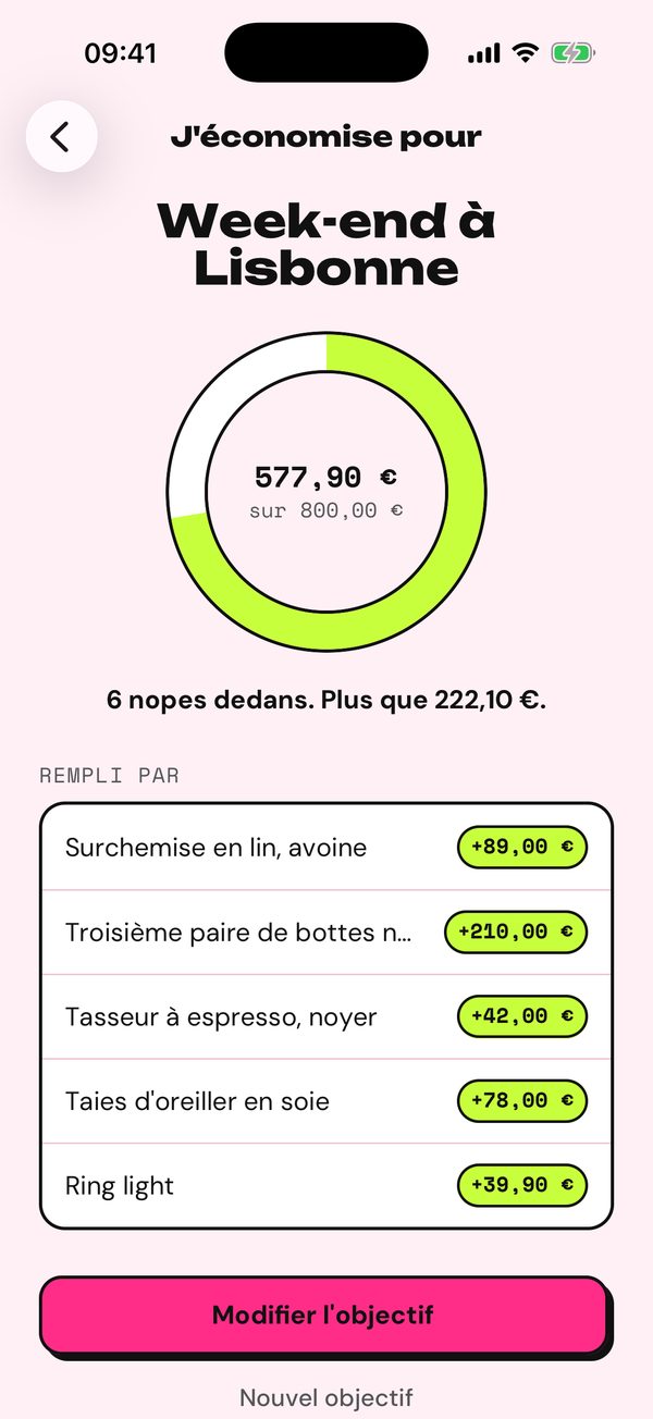 J'économise pour un week-end à Lisbonne : 577,90 € sur 800 €, 6 nopes.