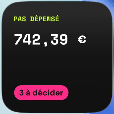 Widget d'écran d'accueil : 742,39 € pas dépensés, 3 décisions à prendre.