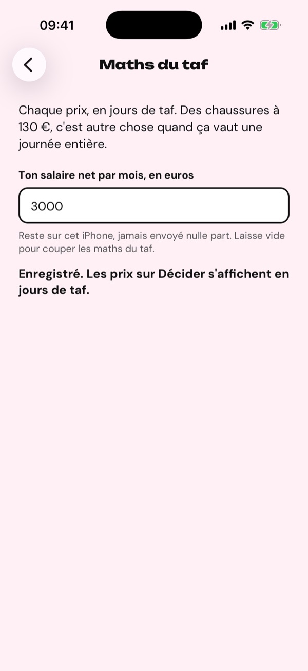 Écran de réglage des maths du taf.