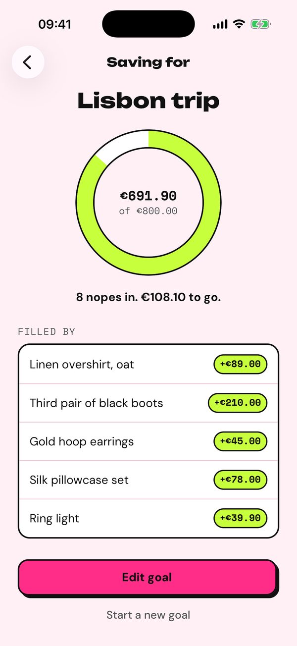Saving for Lisbon trip: €691.90 of €800, 8 nopes in.